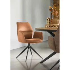 Outlet Eetkamerstoel Faido microvezel cognac poot zwart Armstoel|Eetkamerstoel