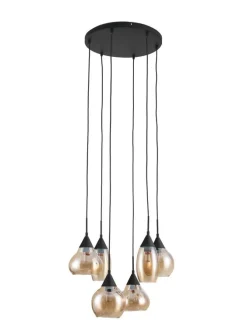 Online Hanglamp zwart amber glas 6-lichts - Lungo Hanglamp