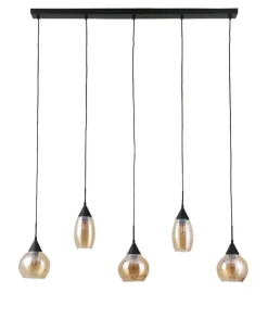 Outlet Hanglamp zwart amber glas 5-lichts - Lungo Hanglamp