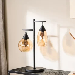 Clearance Tafellamp zwart amber glas 2-lichts - Lungo Tafellamp