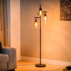 Vloerlamp zwart amber glas 3-lichts - Lungo Vloerlamp